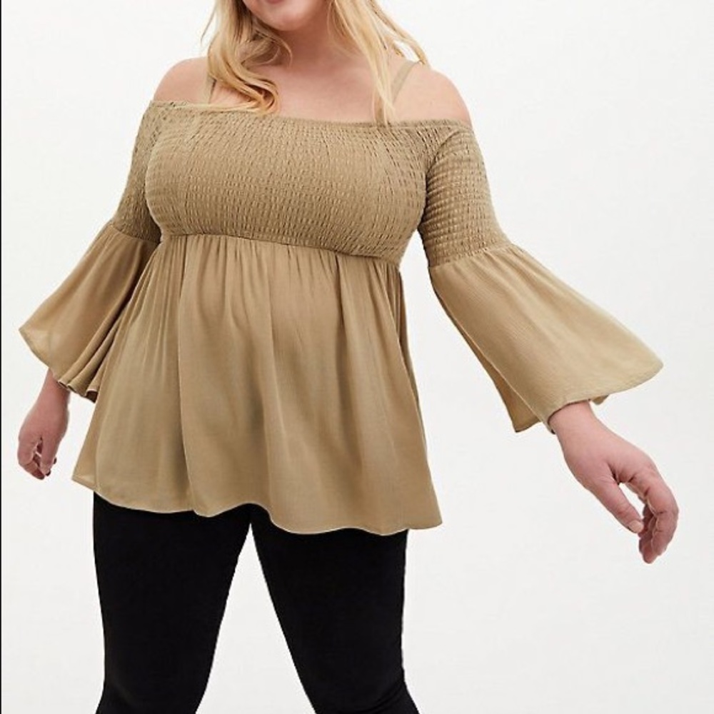 Torrid 4 Olive Green Smocked Cold Shoulder Top Blouse